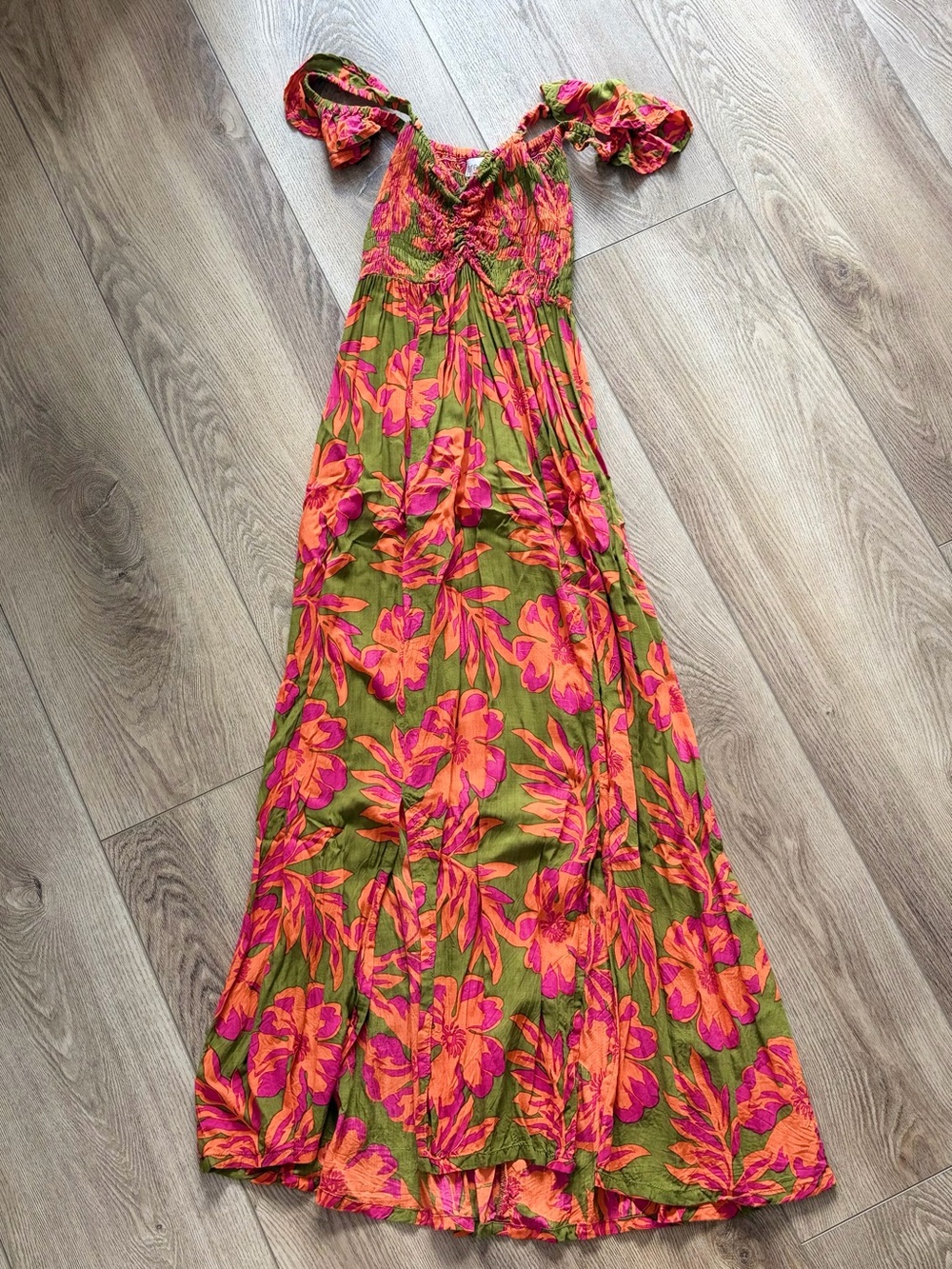 Tiara Hawaii Hollie Orange and Olive Green Floral Maxi Dress